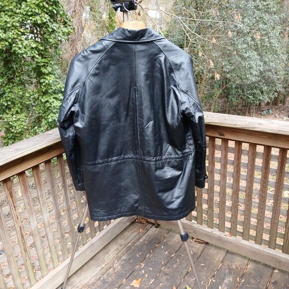 Vintage 90's Black Leather Warm Double Lined Car Coat Many Pockets & Details SzL - Picture 11 of 16